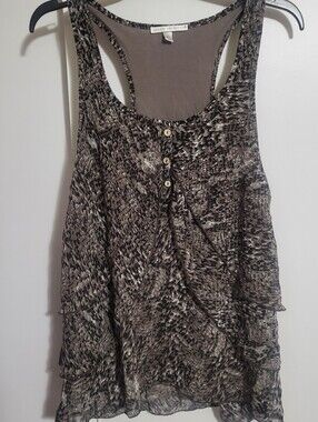 Sarah Spencer Black and Taupe Printed Ruffle Tank